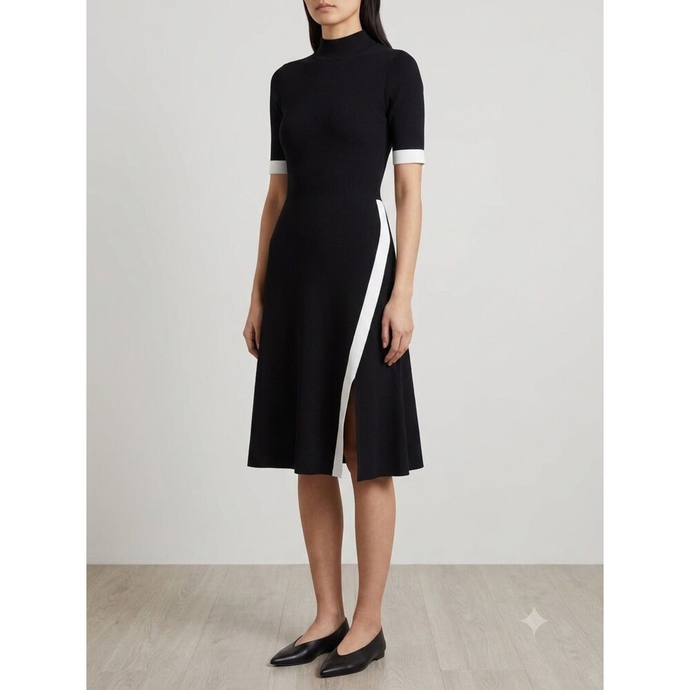 NWT Commense Black Knit Fit and Flare Dress with White Trim sz Small